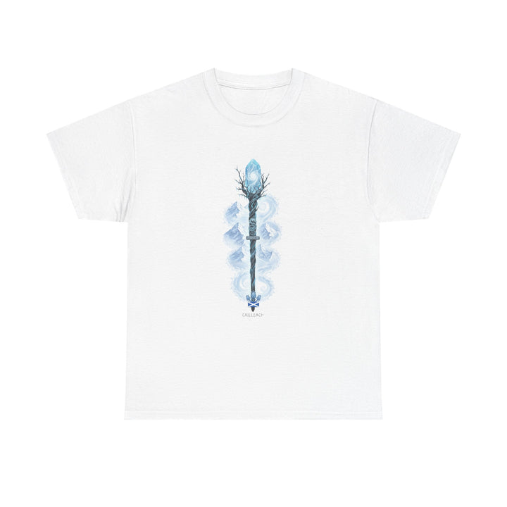 White t-shirt by S&amp;W Gallus with a blue watercolor-style staff graphic featuring a crystal, mountains, and Scottish flag emblem.
