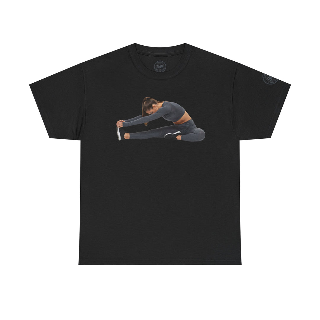 Black T-shirt by S&amp;W Gallus with an athletic woman stretching printed on the front.