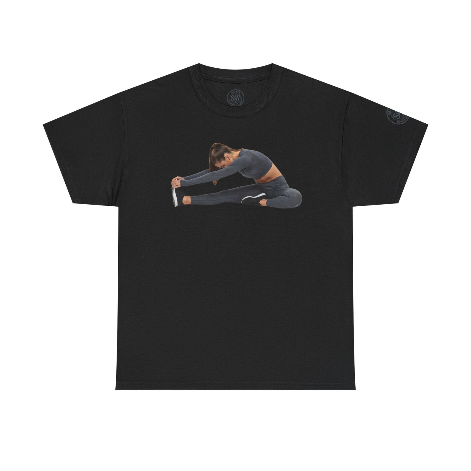 Black T-shirt by S&W Gallus with an athletic woman stretching printed on the front.