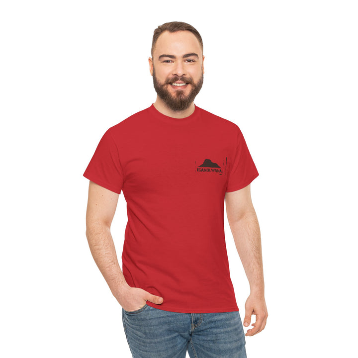 Minimal Rorke’s Drift landscape tee with “Isandlwana Over My Heart” design. Subtle Anglo-Zulu War tribute for true history enthusiasts.