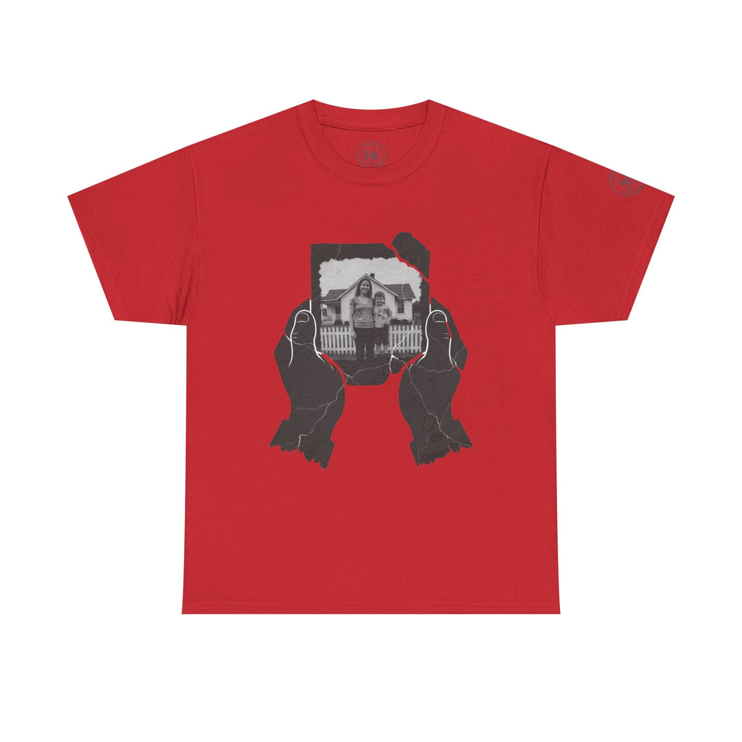 Red graphic tee by S&amp;W Gallus featuring a distressed photo held in cracked hands.