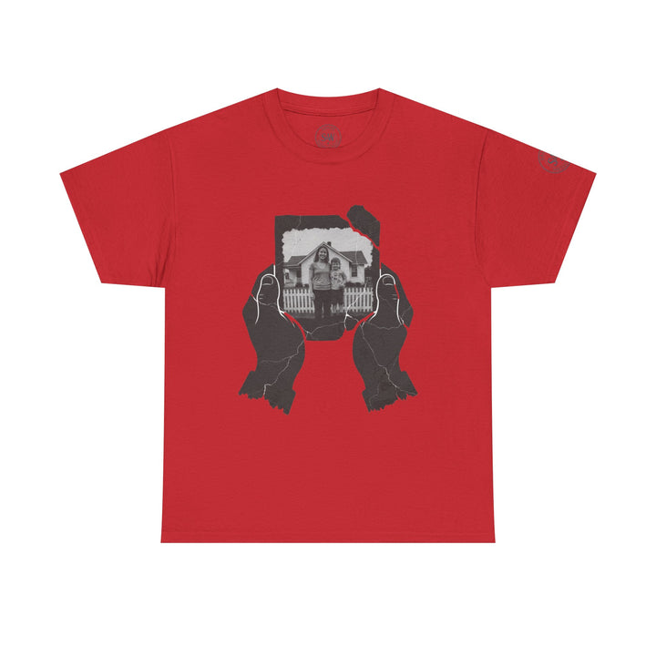 Red graphic tee by S&amp;W Gallus featuring a distressed photo held in cracked hands.