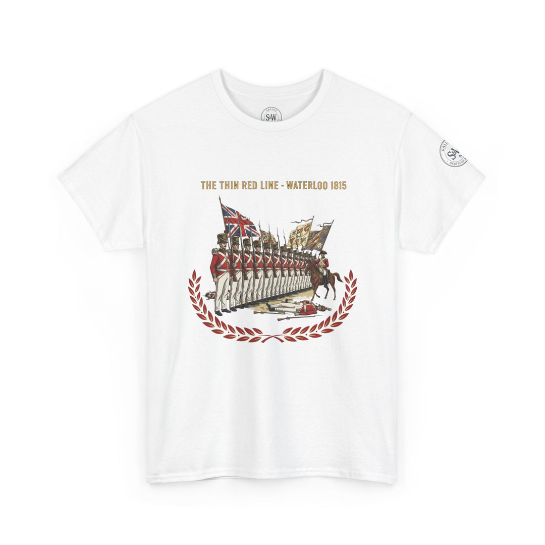 White graphic T-shirt by S&amp;W Gallus featuring "The Thin Red Line - Waterloo 1815" design in the center.
