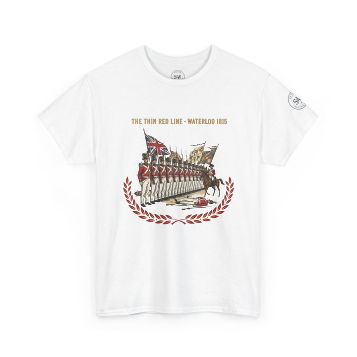 White graphic T-shirt by S&amp;W Gallus featuring "The Thin Red Line - Waterloo 1815" design in the center.
