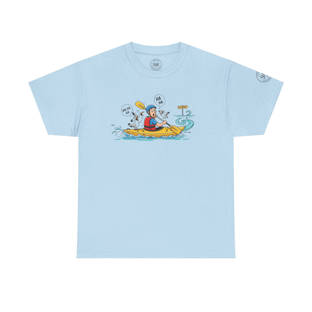 Light blue t-shirt by S&amp;W Gallus featuring a cartoon of a kayaker being laughed at by seagulls.
