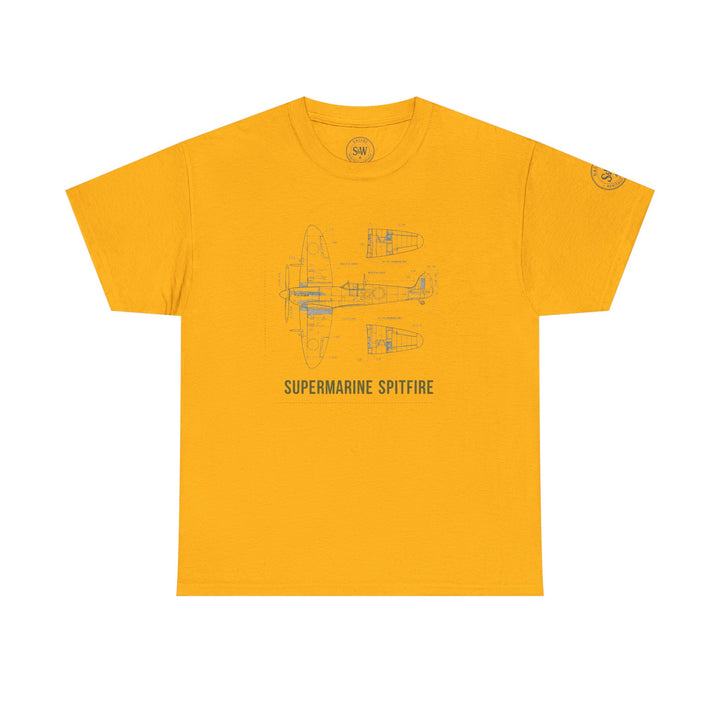 Mustard yellow t-shirt by S&amp;W Gallus, featuring a blueprint diagram of a Supermarine Spitfire aircraft.
