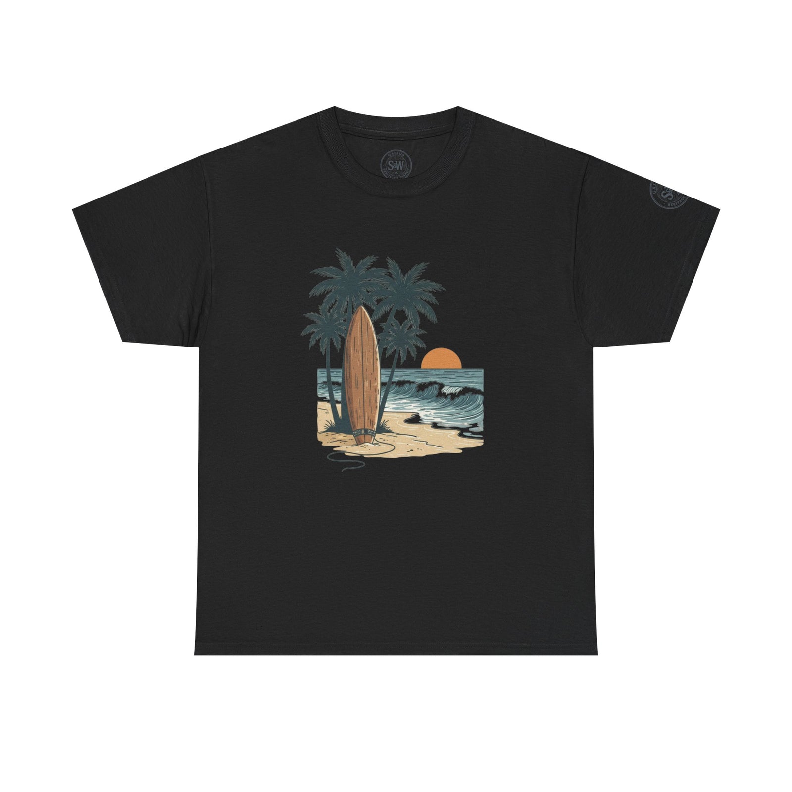 Black graphic tee by S&W Gallus with a surf and beach design on the front.