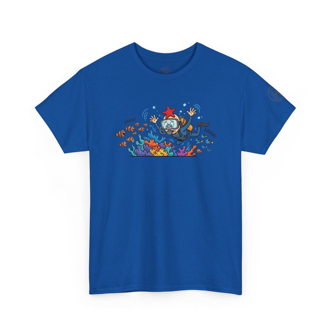 Royal blue T-shirt by S&amp;W Gallus, featuring a coral reef and scuba diver cartoon graphic.