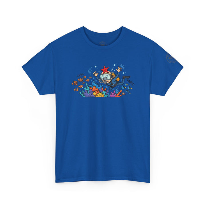 Royal blue T-shirt by S&amp;W Gallus, featuring a coral reef and scuba diver cartoon graphic.