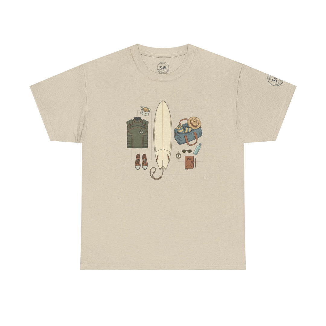 Sand-colored t-shirt by S&amp;W Gallus, displaying a graphic design of surfing gear on the front.