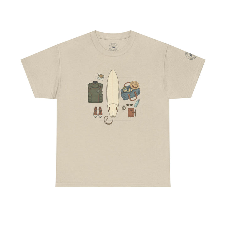 Sand-colored t-shirt by S&amp;W Gallus, displaying a graphic design of surfing gear on the front.