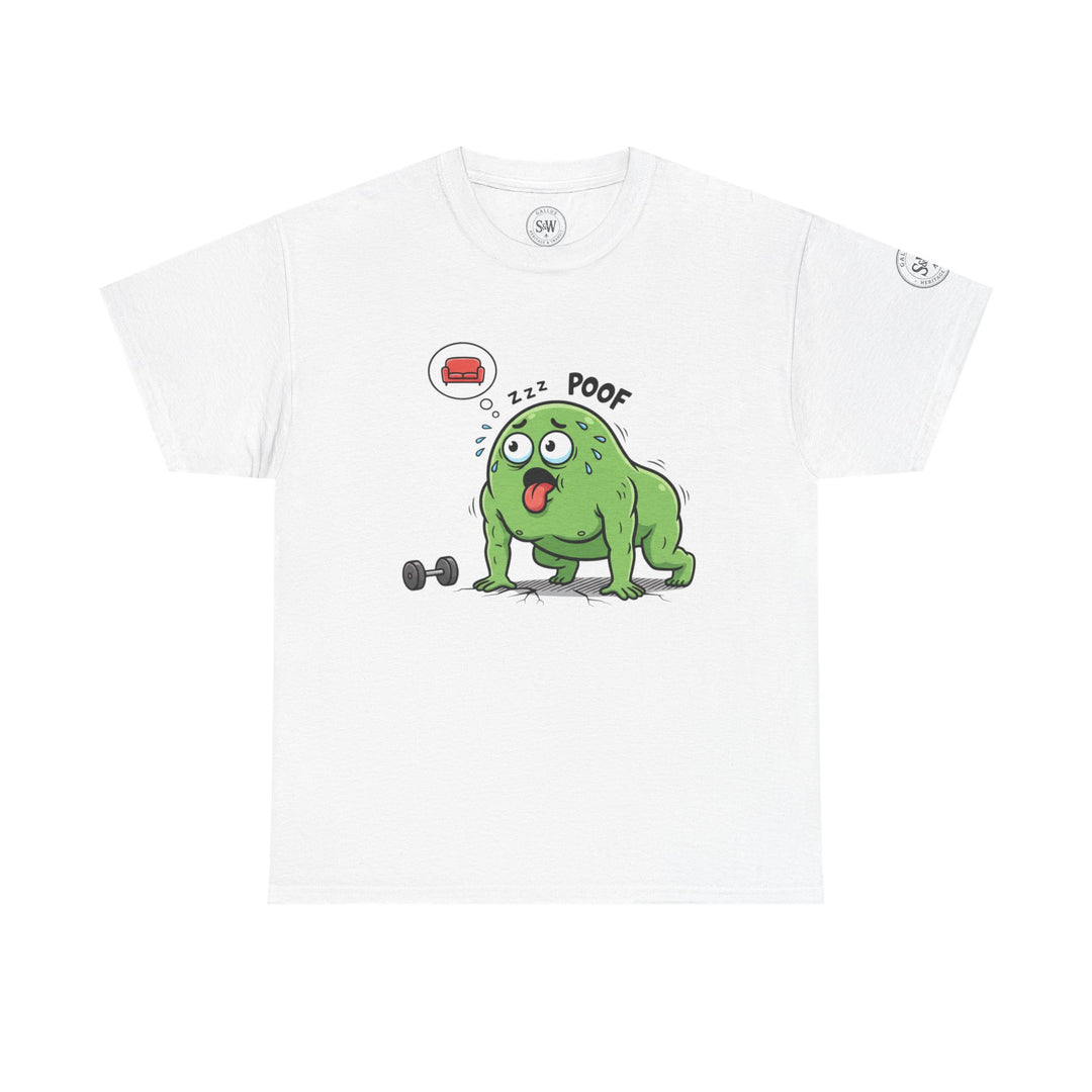 White T-shirt with graphic of a tired, sweaty, green blob by S&amp;W Gallus, with dumbbell and couch thought bubble.
