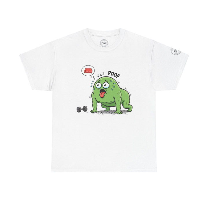 White T-shirt with graphic of a tired, sweaty, green blob by S&amp;W Gallus, with dumbbell and couch thought bubble.
