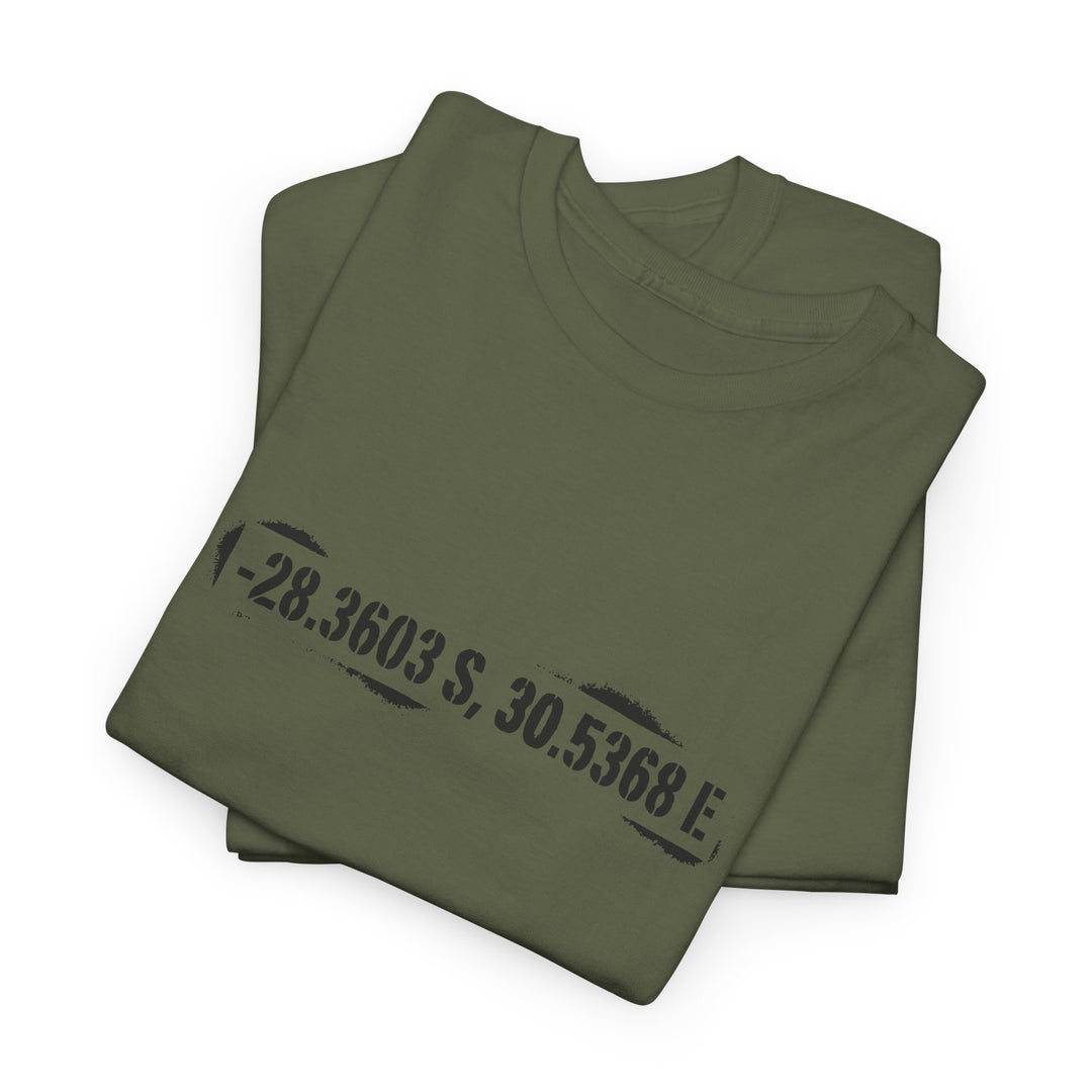 Rorke’s Drift T-Shirt featuring historic battle coordinates. Honor the 1879 Anglo-Zulu War with precise latitude &amp; longitude design.