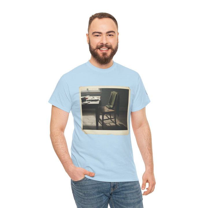 Light blue t-shirt with a "Empty Study Room" graphic by S&amp;W Gallus, shown on a person in jeans.