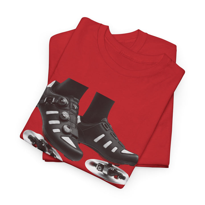 Spin Shoes Tee – soft, breathable cotton featuring a cycling shoes graphic. Perfect for spin classes, indoor workouts, and casual activewear.