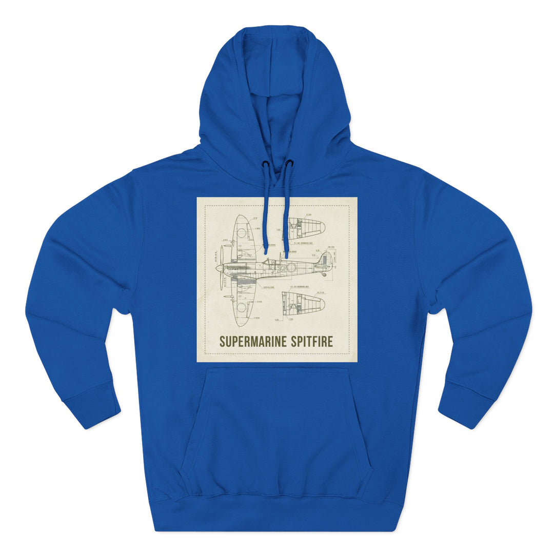 Royal blue hoodie by S&amp;W Gallus featuring a detailed blueprint graphic of a Supermarine Spitfire.