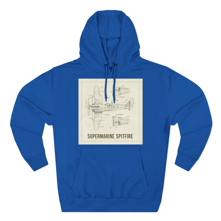 Royal blue hoodie by S&amp;W Gallus featuring a detailed blueprint graphic of a Supermarine Spitfire.