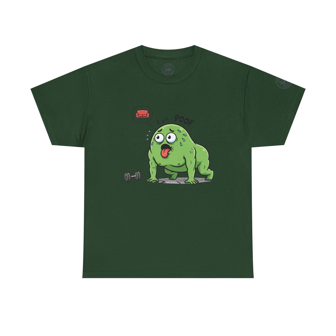 Dark green t-shirt by S&amp;W Gallus, featuring a funny cartoon of a tired blob character and workout theme.