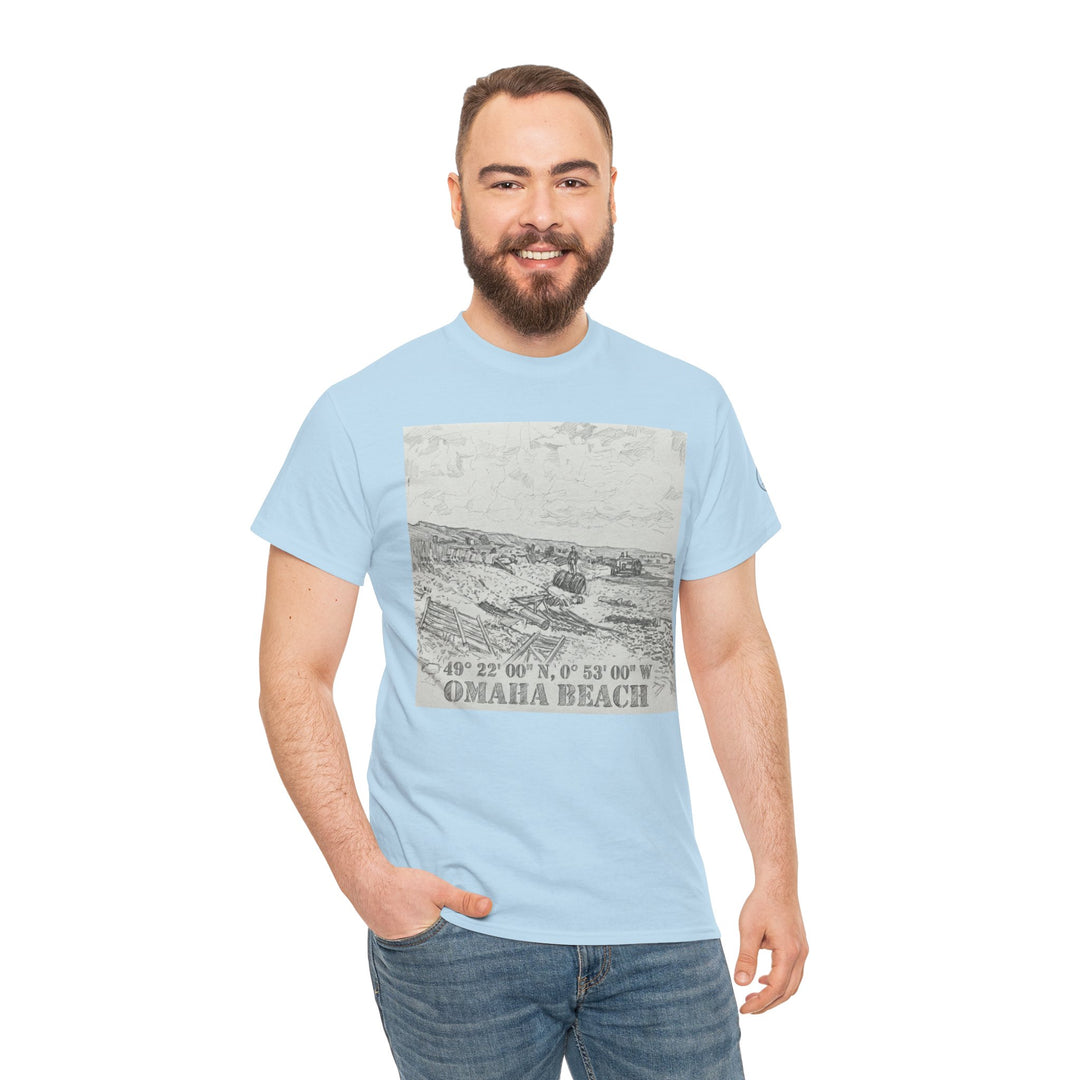 Light blue graphic tee by Veteran owned, displaying an illustration of Omaha Beach with coordinates, paired with jeans.