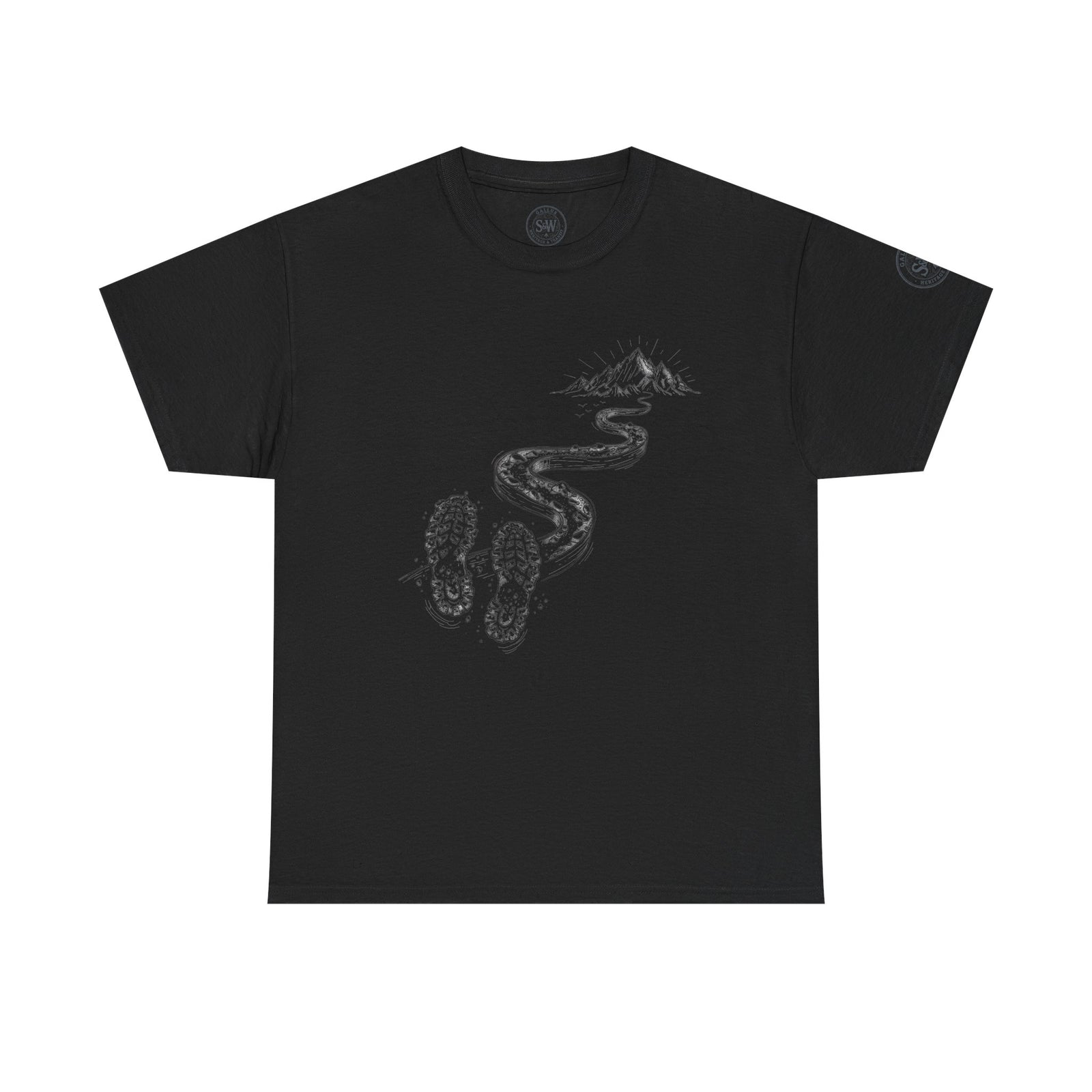 Black t-shirt by S&W Gallus featuring a mountain trail graphic with footprints.