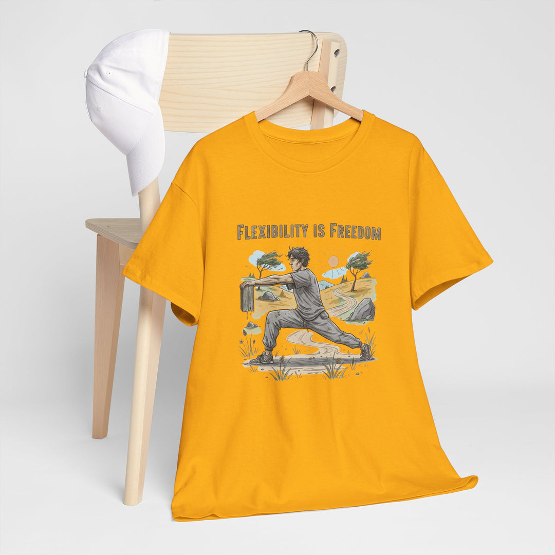 Flexibility Is Freedom Tee – soft, breathable cotton featuring a motivational design. Perfect for yoga, Pilates, stretching, or casual active lifestyle wear.