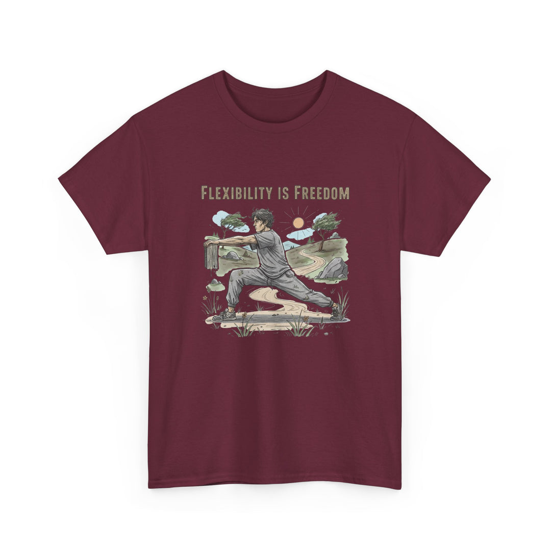 Flexibility Is Freedom Tee – soft, breathable cotton featuring a motivational design. Perfect for yoga, Pilates, stretching, or casual active lifestyle wear.