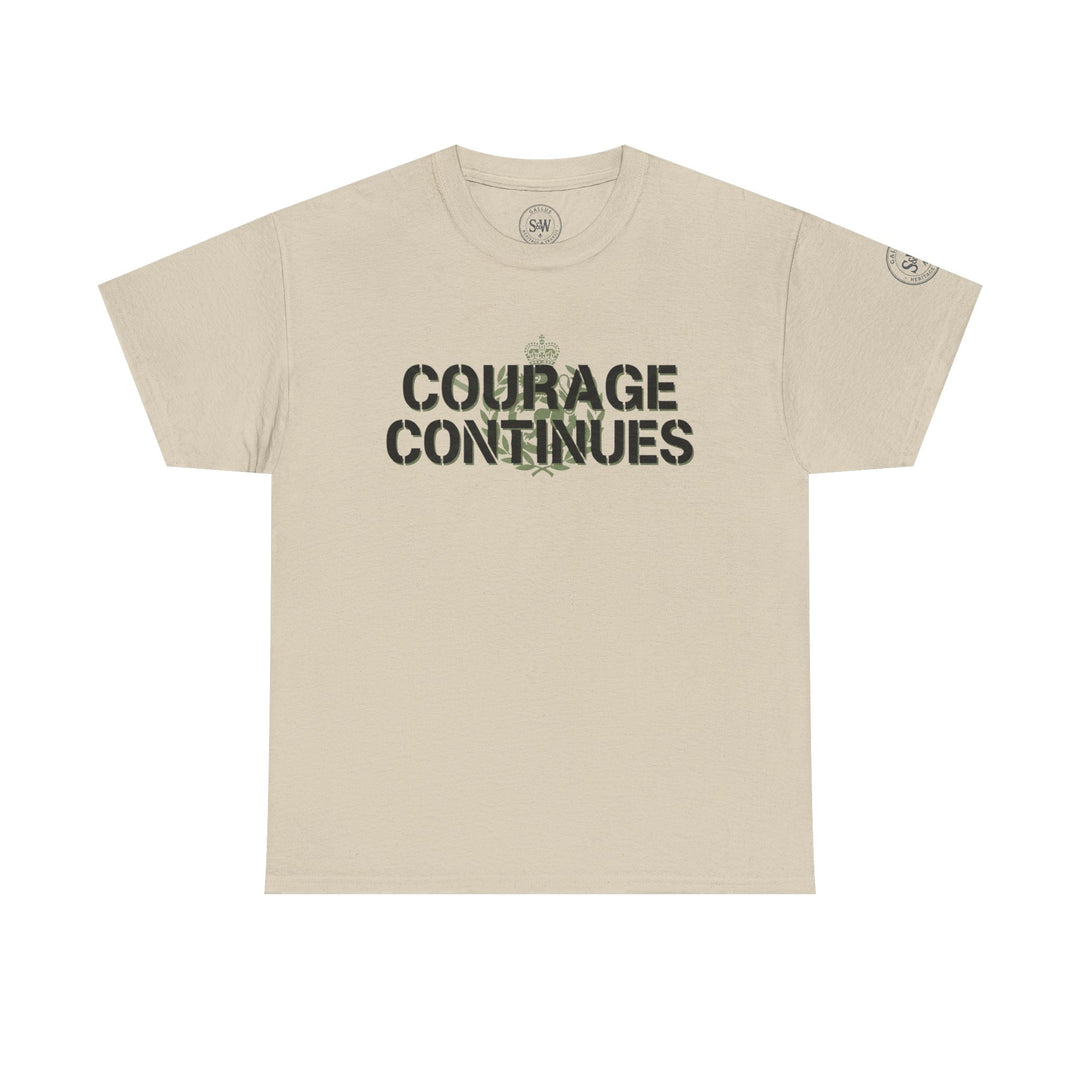 Tan Courage Continues PTSD tee by S&amp;W Gallus with stenciled font, a military insignia, and short sleeves.