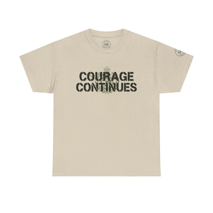 Tan Courage Continues PTSD tee by S&amp;W Gallus with stenciled font, a military insignia, and short sleeves.