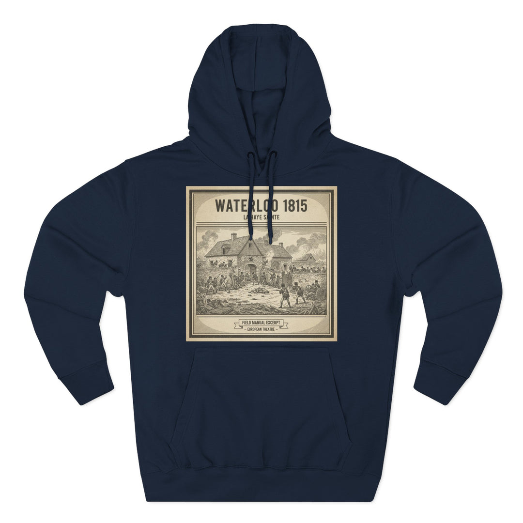 Navy hoodie by S&amp;W Gallus featuring a Waterloo 1815 field manual excerpt on the chest.