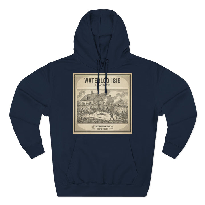 Navy hoodie by S&amp;W Gallus featuring a Waterloo 1815 field manual excerpt on the chest.