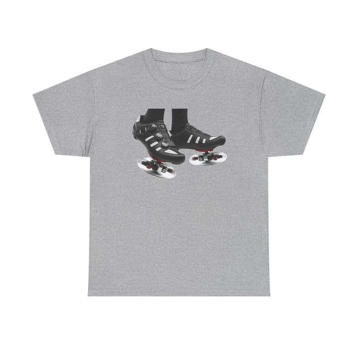 Spin Shoes Tee – soft, breathable cotton featuring a cycling shoes graphic. Perfect for spin classes, indoor workouts, and casual activewear.
