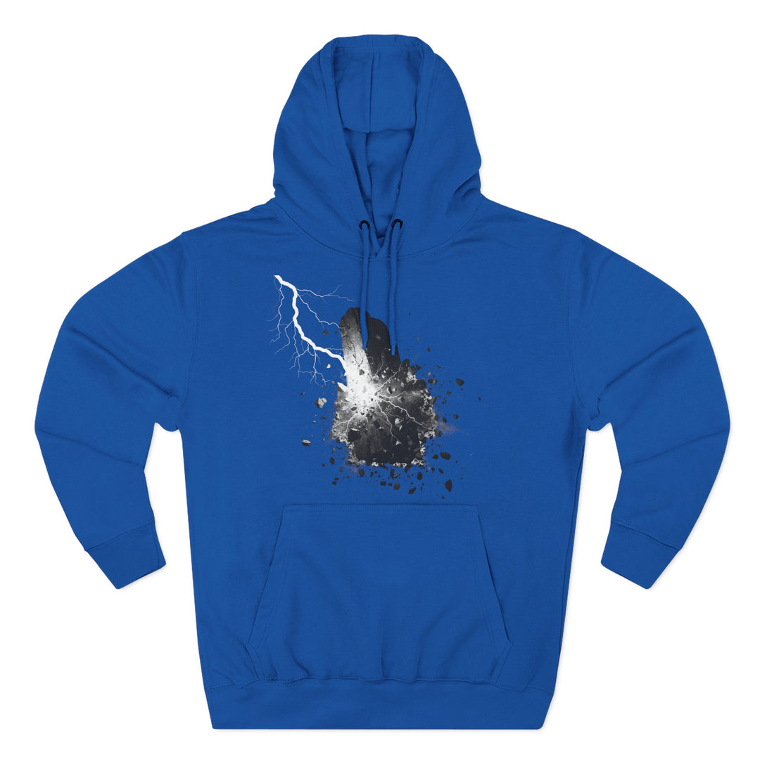 Blue hoodie by S&amp;W Gallus featuring a graphic print of a stone being smashed by lightning.