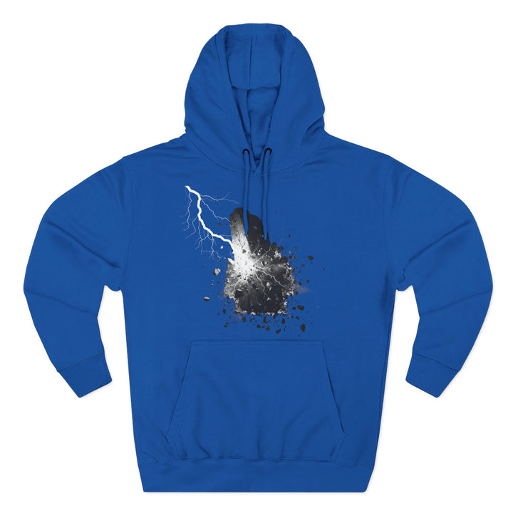 Blue hoodie by S&amp;W Gallus featuring a graphic print of a stone being smashed by lightning.