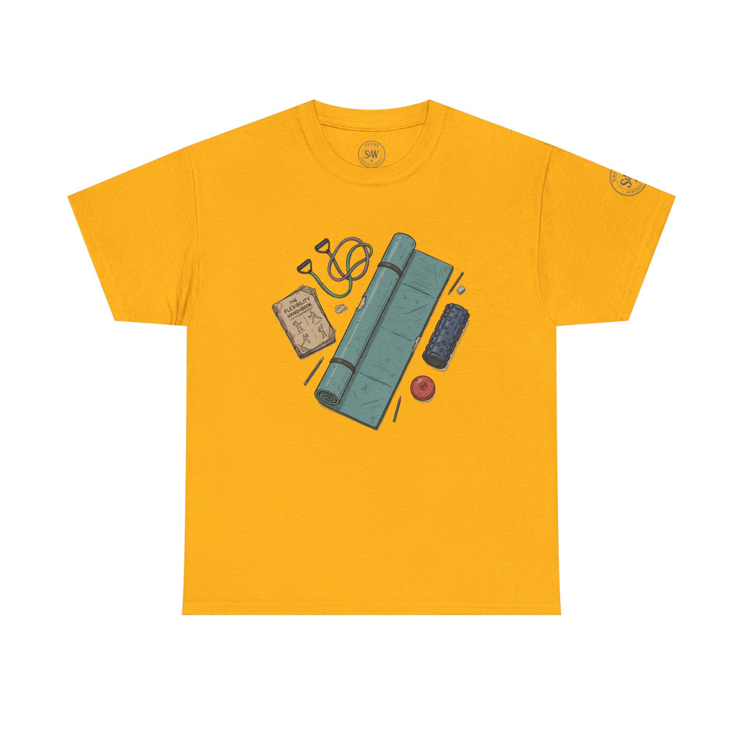 Mustard-colored t-shirt by S&amp;W Gallus, featuring a printed design of exercise and flexibility accessories.