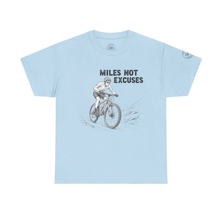 Light blue t-shirt by S&amp;W Gallus featuring a cyclist drawing and motivational slogan.
