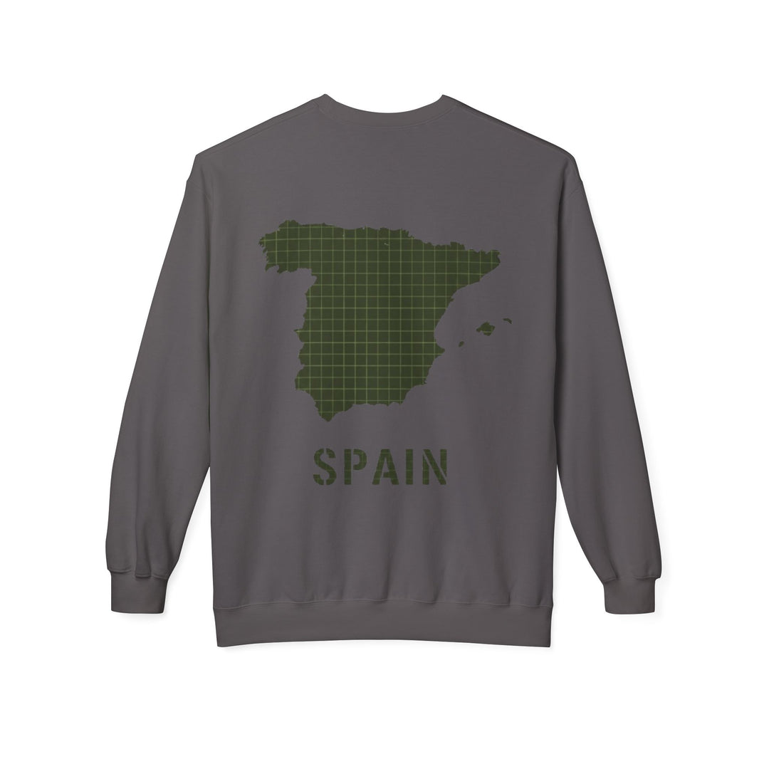 Spain Map Crewneck Sweatshirt — Military Green Grid Spain Graphic