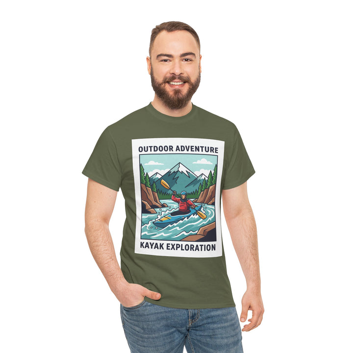 Olive green t-shirt by S&amp;W Gallus, featuring a graphic of a kayaker in a mountain river.