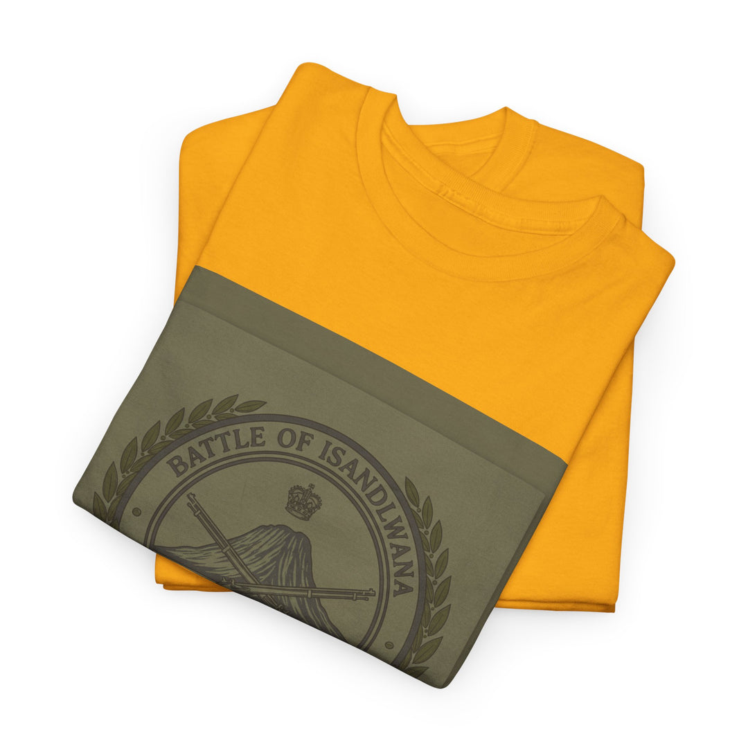 Isandlwana vintage military emblem crewneck T-shirt. Heritage graphic design inspired by historic battlefield legacy.