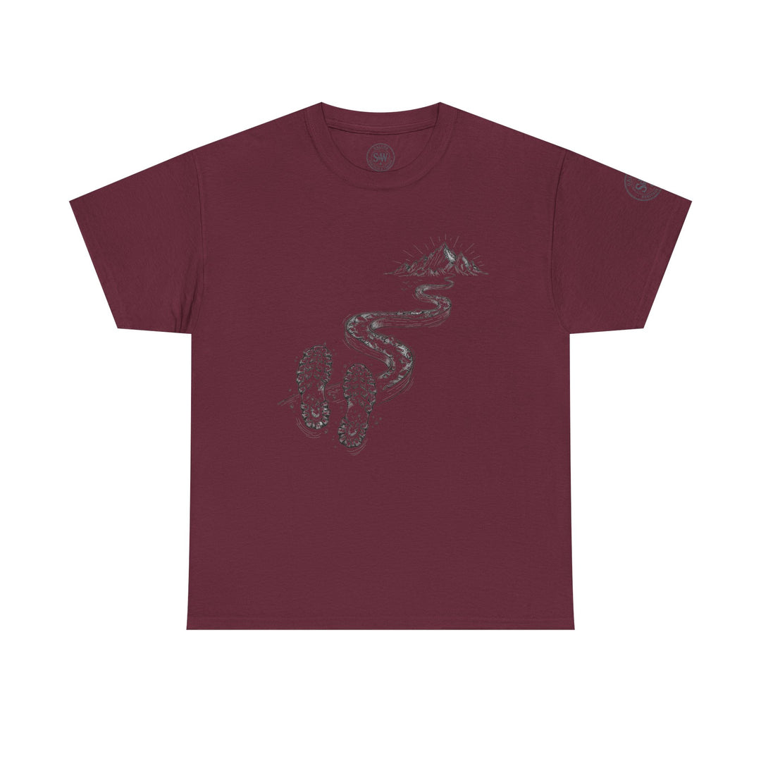 Maroon t-shirt by S&amp;W Gallus with mountain graphic, trail design, and boot prints.
