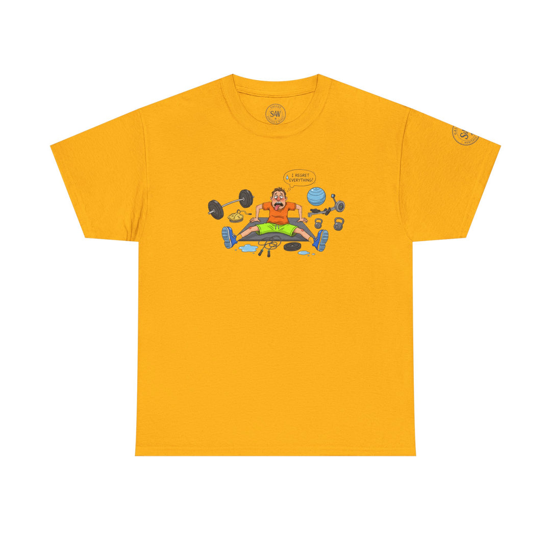 Mustard yellow t-shirt by S&amp;W Gallus, featuring a cartoon graphic of a man regretting working out surrounded by gym equipment.