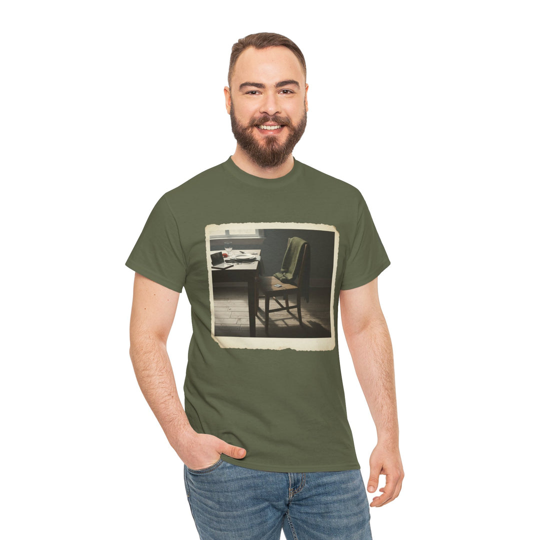 Olive-green t-shirt by S&amp;W Gallus featuring a vintage-style photograph of an empty study room.