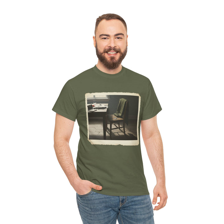 Olive-green t-shirt by S&amp;W Gallus featuring a vintage-style photograph of an empty study room.