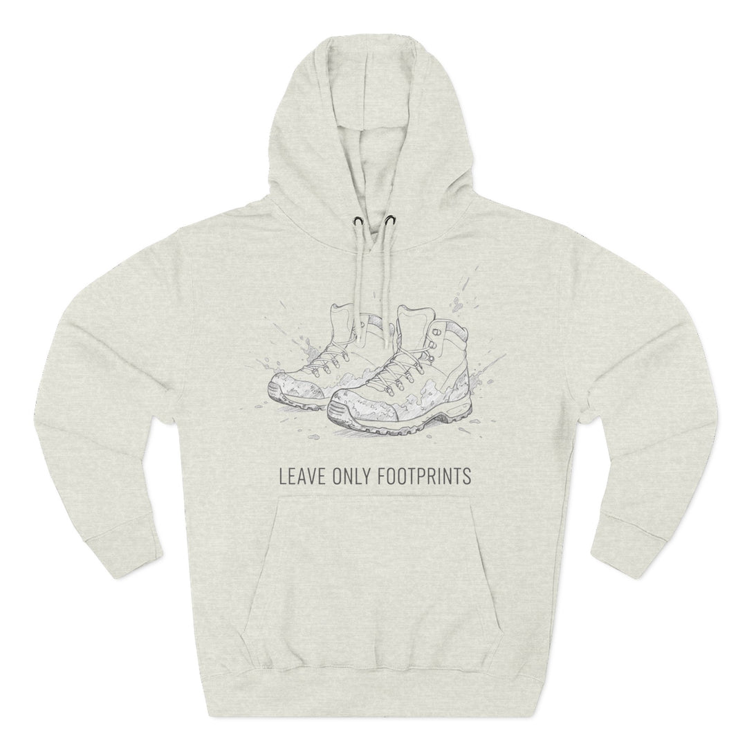 Heather-gray hoodie by S&amp;W Gallus featuring a "leave only footprints" message and sketched hiking boots.