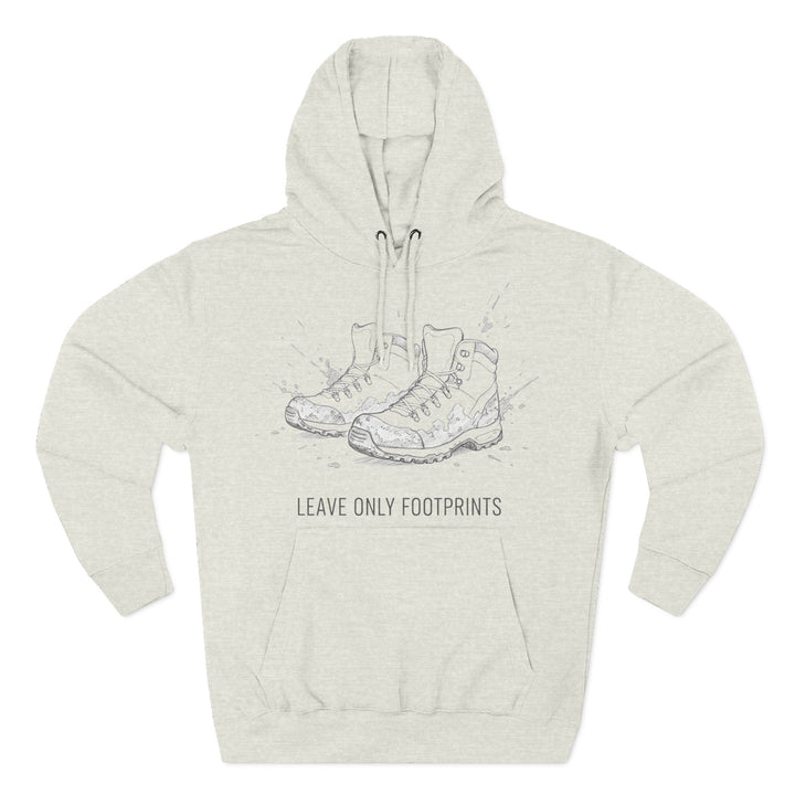 Heather-gray hoodie by S&amp;W Gallus featuring a "leave only footprints" message and sketched hiking boots.