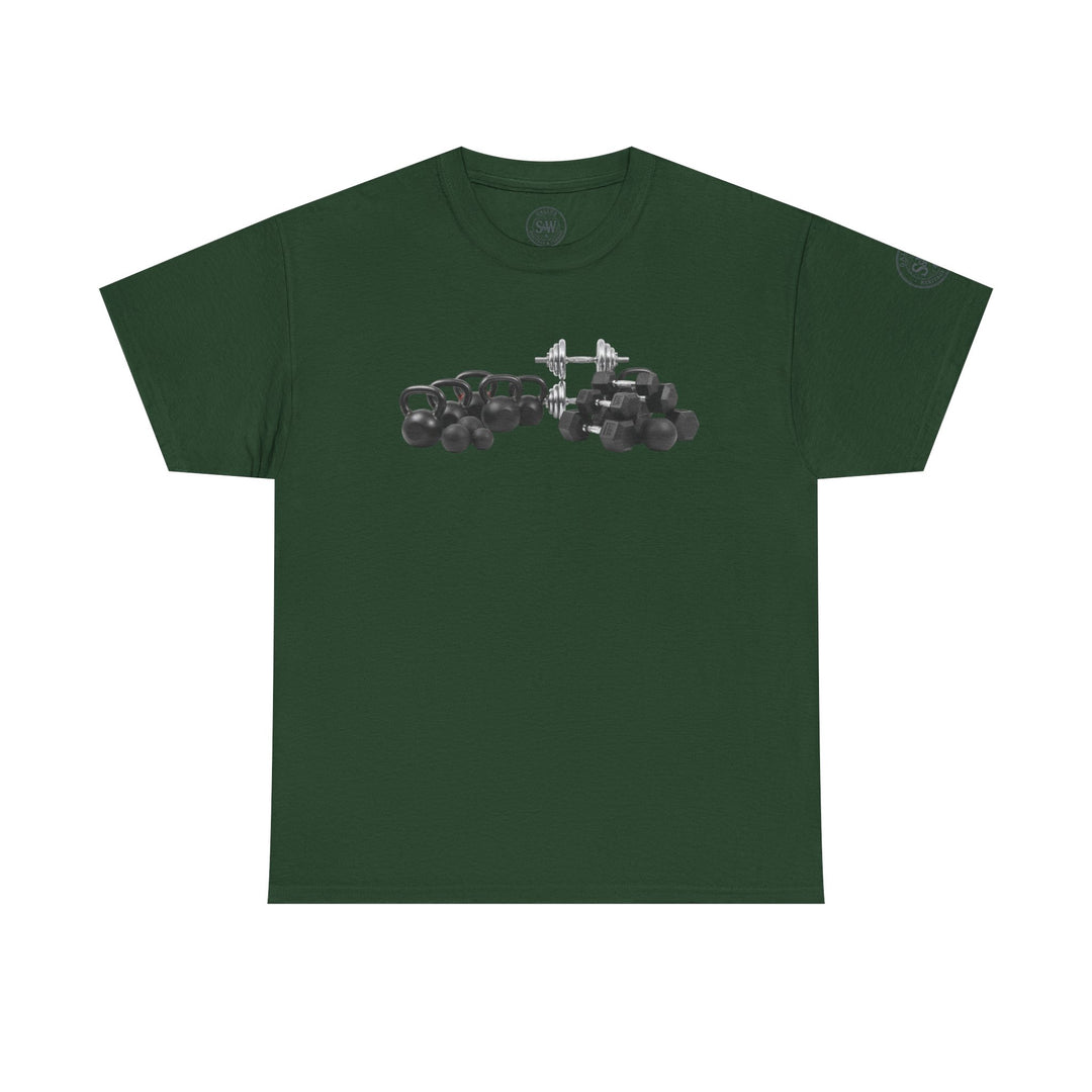Forest green t-shirt by S&amp;W Gallus, featuring a kettlebell and dumbbell weightlifting graphic on the front.
