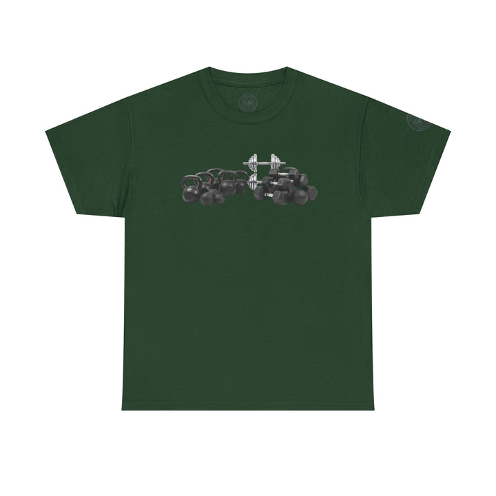 Forest green t-shirt by S&amp;W Gallus, featuring a kettlebell and dumbbell weightlifting graphic on the front.
