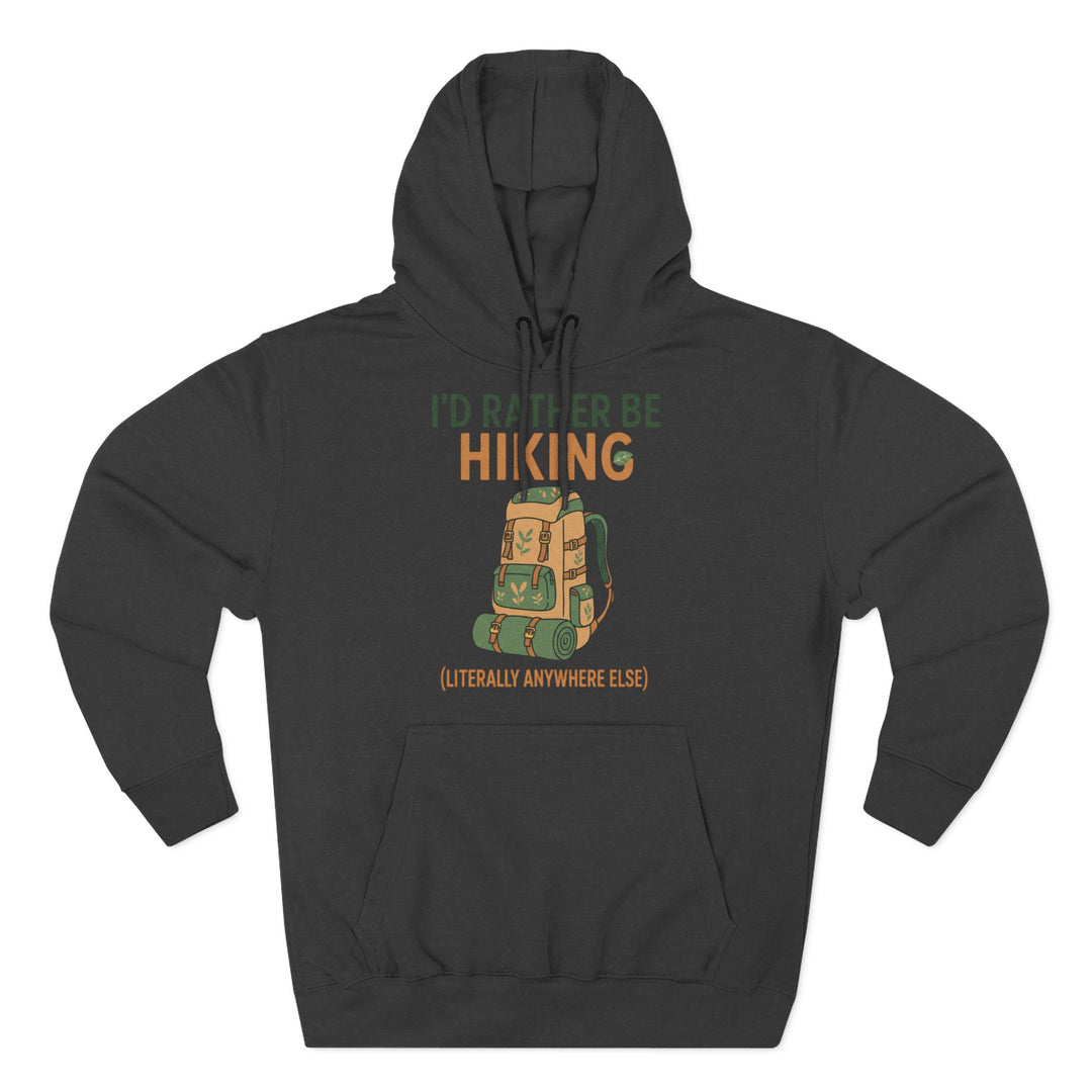 Dark gray hoodie by S&amp;W Gallus featuring an illustration of a hiking backpack and outdoor-themed text.