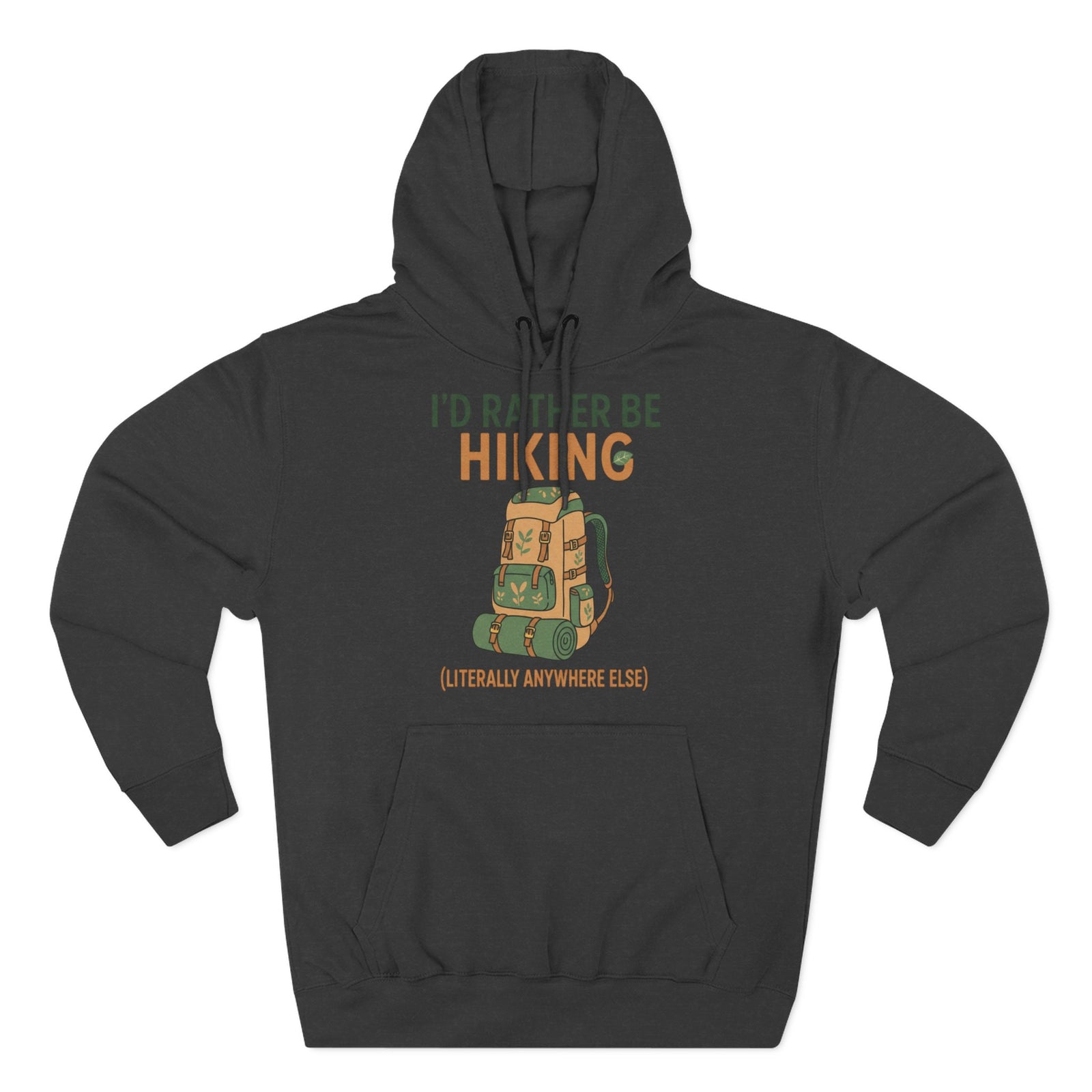 Dark gray hoodie by S&W Gallus featuring an illustration of a hiking backpack and outdoor-themed text.