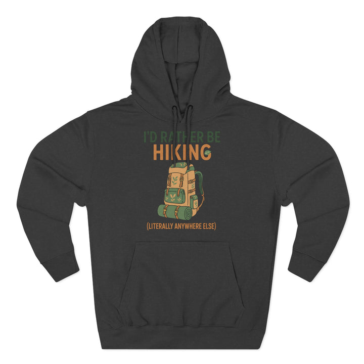 Dark gray hoodie by S&amp;W Gallus featuring an illustration of a hiking backpack and outdoor-themed text.